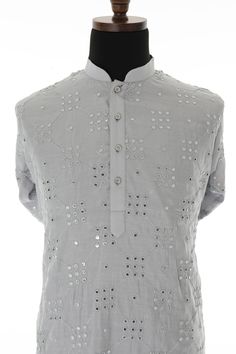 Steel Grey Mirrorwork Embellished Kurta along with white bottom. A bold, traditional Kurta comes with the finest quality mirrors and fabric which sew with cotton lining for all-day comfort. This kurta Pajama (2pc set) featuring all over mirror work design, is a guaranteed stand-out outfit you need this wedding season. * Steel Grey Kurta & white Bottom * Embellished With Mirror Work * Lined With Cotton Fabric * Great For Parties & Wedding Season Mirror Work Design, Grey Kurta, Traditional Kurta, See You Again Soon, Kurta Pajama, Work Design, Steel Grey, Kurta Designs, Mirror Work