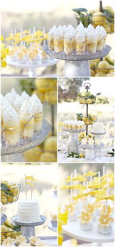 lemon cupcakes are displayed on three tiered trays