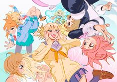 an anime scene with many women and one man in the air, all wearing different colored outfits