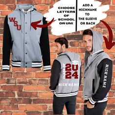 Order Your Custom year 12 or School Leavers class Bomber jacket with us Makes for a perfect End of year Class of Gift Personalise your Class of Varsity Jacket or Graduation Gift using your school or university colours  Price includes Back print only.  How To Order: 1. Choose the Colour and size of the Jackets you would like. 2. Price includes Print on the back (Choose x2 Colours changed on request )  3. Add on Chest design and Nickname by sending us a message. 4. Jackets may be customised furthe School Varsity Jacket Back Design, Winter College Hooded Jacket With Letter Print, College Style Hooded Outerwear For School, Hooded Outerwear For College, School Spirit Winter Outerwear For Streetwear, Winter Sports Outerwear With School Spirit Style, Hooded Varsity Jacket For School In Winter, Hooded Winter Varsity Jacket For School, Fall Team Spirit Hooded Outerwear