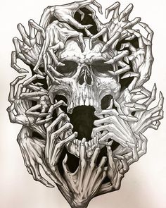 a drawing of a skull surrounded by hands