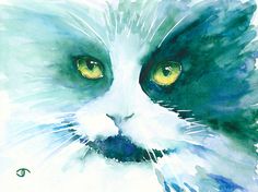 a watercolor painting of a cat's face with yellow eyes and whiskers