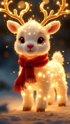 a cute little reindeer with glowing lights on it's antlers and scarfs