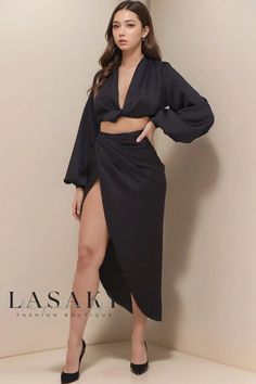 Lasaky - Satin High-Low Two-Piece Dress with Long Sleeves and Slit Detail Black Dress Style, Dress With Long Sleeves, Satin Top, Twist Front, Two Piece Dress, Piece Dress, Black Satin, Matching Sets, High & Low