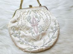 "Vintage Bag, Stunning Little White Satin Beaded Embellished Clutch Bag with Gold Hardware Clasp and Gold Chain. Regency Twee Retro Glam Bag. 6.5\" x 7\" (Measurements include bag only, not strap)" Vintage White Pouch Bag, Cream Vintage Evening Bag, Vintage Embellished Wedding Shoulder Bag, Vintage Cream Clutch Bag, Vintage White Bags With Gold-tone Hardware, Embellished Clutch, Retro Glam, White Clutch, Glam Bag