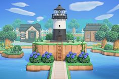 Screenshot from Animal Crossing: New Horizons. Lighthouse by a harbor with a neighborhood of five villagers behind it. Blue hydrangeas scattered around summer day. Acnh Coastal Ideas, New England Animal Crossing, Acnh Coastal Town Ideas, Coastal Acnh Island, Costal Town Acnh, Acnh White Island