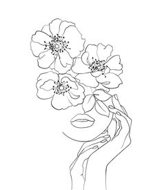 a line drawing of a woman's hand holding flowers