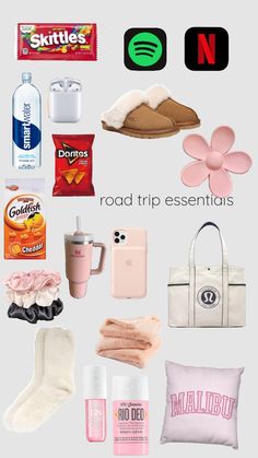 the road trip essentials are organized in pink and white