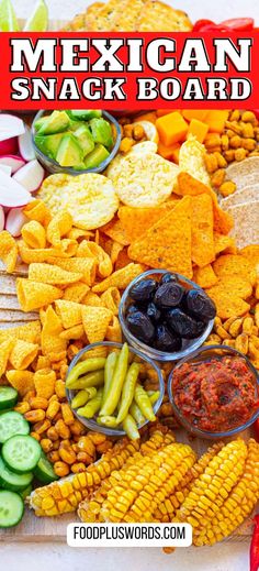 the mexican snack board is full of corn, beans, and other foods that are ready to be eaten