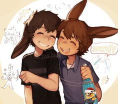 two young boys hugging each other while wearing bunny ears