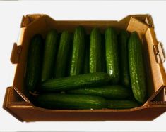 a cardboard box filled with cucumbers sitting on top of a table