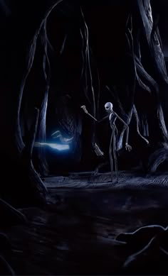 two skeletons are walking through the woods at night, one is holding an object in his hand