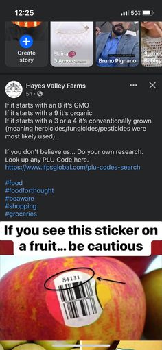 an iphone screen with the caption if you see this sticker on a fruit, be cautious