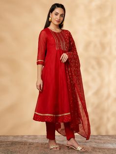 A-Line Kurta With Churidaar And Dupatta In A Beautiful Red Colour, This Set Has Been Designed For Absolute Comfort Without Any Compromise On Style. The Embroidered Kalidaar Kurta, With A Round Neck And Three-Fourth Sleeves, Pairs Perfectly With The Red Churidaar And Dupatta. Finish The Look With Ethnic Flip Flops Or Juttis. Color :Red Fabric :Chanderi Kalidaar Kurta, A Line Kurta, Red Colour, Kurta Set, Red Fabric, Lady In Red, Red Color, Flip Flops, Round Neck