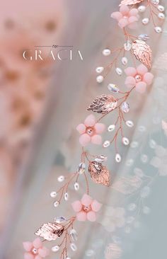 a pink flower and leaf design on a white background with the words grace written in gold