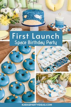 a blue and yellow first birthday party with lots of desserts