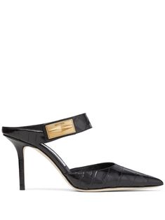 black calf leather embossed crocodile effect gold-tone logo plaque pointed toe slip-on style branded leather insole 85mm high stiletto heel leather sole Wedding Dress Sandals, Mule Sandals, Leather Mules, Dress Sandals, Metallic Leather, Mules Shoes, Womens High Heels, Stiletto Heel, Embossed Leather