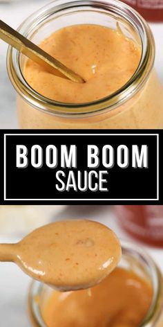 a spoon full of sauce sitting on top of a jar with the words boom boom sauce in it