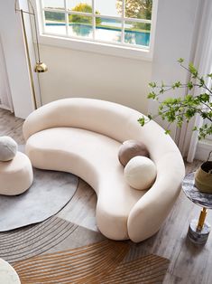 a living room filled with furniture next to a window and a potted plant on the floor