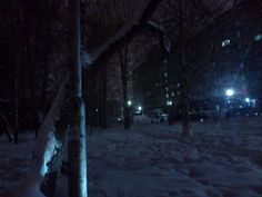 a snowy park at night with street lights in the distance