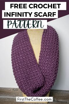 a purple crochet scarf with text overlay that says free crochet infinity scarf pattern