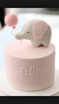 an elephant on top of a pink cake with the word ella spelled in white letters