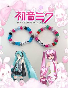 two bracelets with anime characters on them in front of an advertisement for hatsune miki