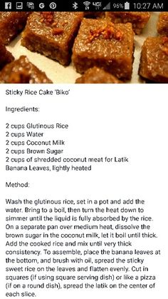 the recipe for sticky rice cake bites is shown in this screenshot from an iphone