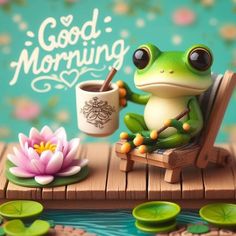 a green frog sitting on top of a wooden bench next to a cup of coffee