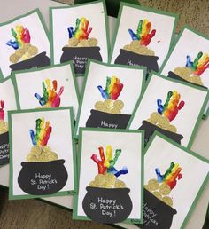 handprinted cards with happy st patrick's day written in rainbow colors on them