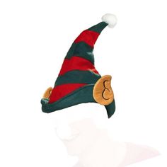 a white mannequin head wearing a green and red striped hat