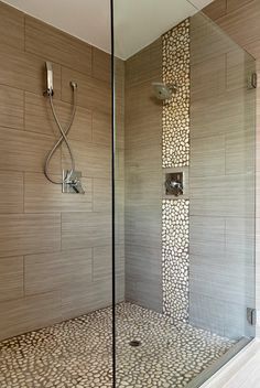 a walk in shower sitting inside of a bathroom