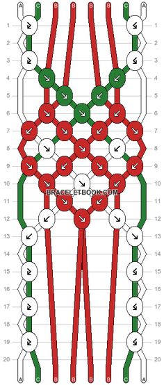 the pattern for an ornament with red, green and white ribbons