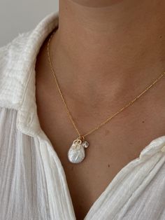 The trio of dreams! Large freshwater pearl, initial charm and cz charm 14k gold filled, 18in Trend Jewelry, Charm Necklaces, Initial Charm, Jewelry Trends, Charm Necklace, Freshwater Pearls, Gold Filled, Initials, Necklaces