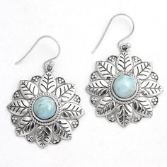 Flower Design Larimar Round Shape Gemstone Pretty Dangle - 925 Sterling Silver Handmade Women Amazing Earrings Jewelry Length 1.6"- ae4543 ( Stamped 925 )MATERIAL -  925 STERLING SILVERGEMSTONE - LarimarSTONE SHAPE - RoundEARRINGS LENGTH - 1.6"EARRING WEIGHT - 11.3 GRAMSSTONE SIZE - 8 x 8 MMCOLOR - Blue Nickel-free Larimar Silver Jewelry, Silver Larimar Dangle Earrings, Silver Larimar Dangle Jewelry, Silver Jewelry Handmade Earrings, Earrings Handmade Dangle, Fine Silver Jewelry, Handmade Fine Jewelry, Sterling Silver Jewelry Handmade, Star Jewelry