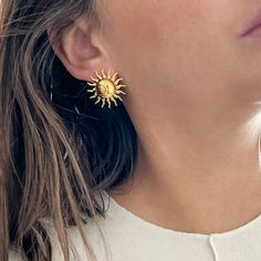 Embrace the warmth of summer with Soleil earrings. These gold plated, light weight earrings boast a charming half moon design and resemble the sun's rays. Half Moon Design, Hair Essentials, Sun Rays, Moon Design, Light Weight Earrings, Half Moon, Ring Earrings, Vintage Inspired, Gold Plate