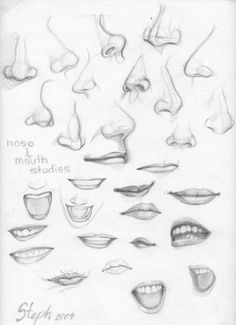 a drawing of various mouth shapes and expressions for the nose, mouth, eyes, lips