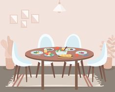 a dining room table with plates and food on it in front of a pink wall