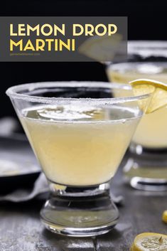 a lemon drop martini is garnished with sugar