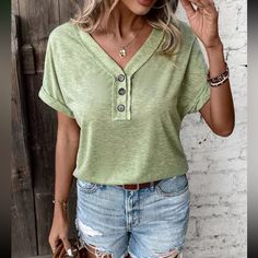 Casual Green Tops With Button Closure, V-neck Tops With Button Closure And Relaxed Fit, Spring V-neck T-shirt With Button Closure, Green Tops With Buttons And Relaxed Fit, Green Relaxed Fit Top With Buttons, Relaxed Fit V-neck Top With Buttons, Casual V-neck Top With Buttons, Winter Blazer, Blazer Blouse