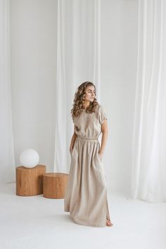 Beige Dress With Relaxed Long Skirt, Beige Long Dress With Relaxed Skirt, Beige Linen Skirt With Pockets, Beige Summer Dress With Relaxed Fit, Beige Linen Maxi Dress With Short Sleeves, Summer Oatmeal, Long Linen Skirt, Linen Outfit, Outfit For Summer