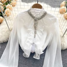 French Elegant Shirts Women Design Diamonds Loose Casual Tops Long Sleeve Ruffles Gentle Office Lady Acrylic Decoration, Sleeve Ruffles, Ethereal Dress, Women Design, Tops Long Sleeve, Woven Pattern, Collars For Women, Shirts Women, Clothes Patterns