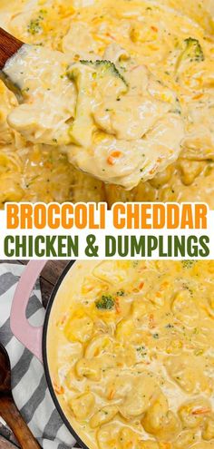 broccoli cheddar chicken and dumplings in a skillet