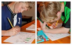 two photos of a young boy doing his homework at the table with pencils and paper