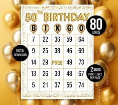 a 50th birthday party game with gold balloons and confetti on the side, in front of a yellow background