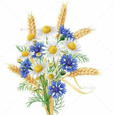 a bouquet of wildflowers and wheat with ribbons on a white background, illustration