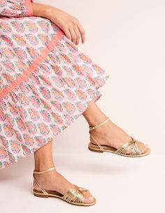 Twist Front Flat Sandals - Gold Metallic Leather | Boden US Sandals Gold, Boden Uk, Twist Front, Metallic Leather, Around The Corner, Boot Shoes Women, Leather Working, Flat Sandals, Gold Metal