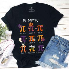 Product details:  TITLE NAME: Pi Menu Halloween Math Teacher Vintage T-Shirt, Teacherlife Shirt, Teacher Shirt, Teacher Lovers Shirt, Halloween Shirt, Math Teacher Shirt  IMPORTANT NOTE: Both Men and Women can we our shirts because this is unisex style t-shirts;  Wash item inside out in cold water, do not bleach, do not dry clean, do not iron directly on the design.  MATERIAL: 5.3-ounce, 100% cotton (99/1 cotton/poly (Ash) & 90/10 cotton/poly (Sport Grey); Heavyweight classic unisex tee; Taped neck and shoulders; Tearaway label; Decoration type: Digital Print  OUR DESIGN PRODUCTS: Each One are designed and sold in limited quantities. The designs are created by our incredibly talented in house graphic art team who often hand draw and illustrate each Tee shirt design.  SIZE CHART: Please ref Menu Halloween, Math Teacher Shirts, Halloween Math, Style T Shirts, Tee Shirt Designs, Math Teacher, Teacher Shirts, Vintage Halloween, Halloween Shirt