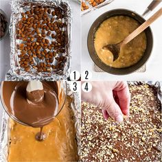 the process for making chocolate peanut butter bars is shown in four different stages, including frosting and toppings