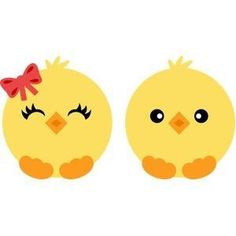 two yellow chicks with bows on their heads are facing each other and one has eyes closed